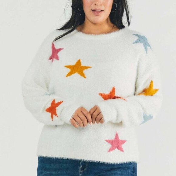 DAVI & DANI Cozy White Fuzzy Knit Sweater with Colorful Star Print, Plus Size - Picture 2 of 8